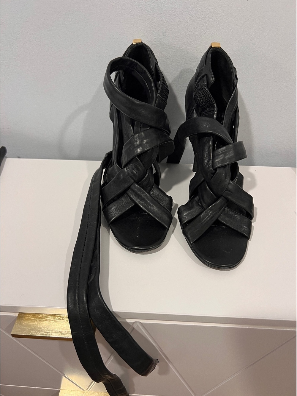 Tory Burch Black Leather Strappy Heeled Sandals with Wraparound Straps